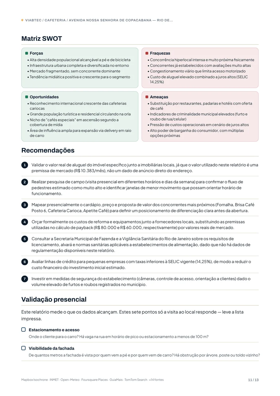Matriz SWOT, recomendações e checklist de validação presencial